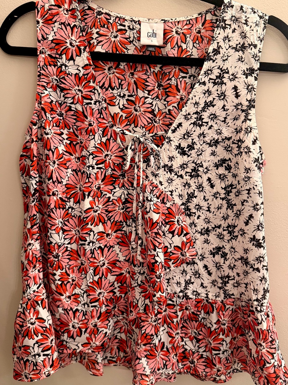 CABI Seraphina Pink and Red Floral Tie-Front Mixed-Print Tank